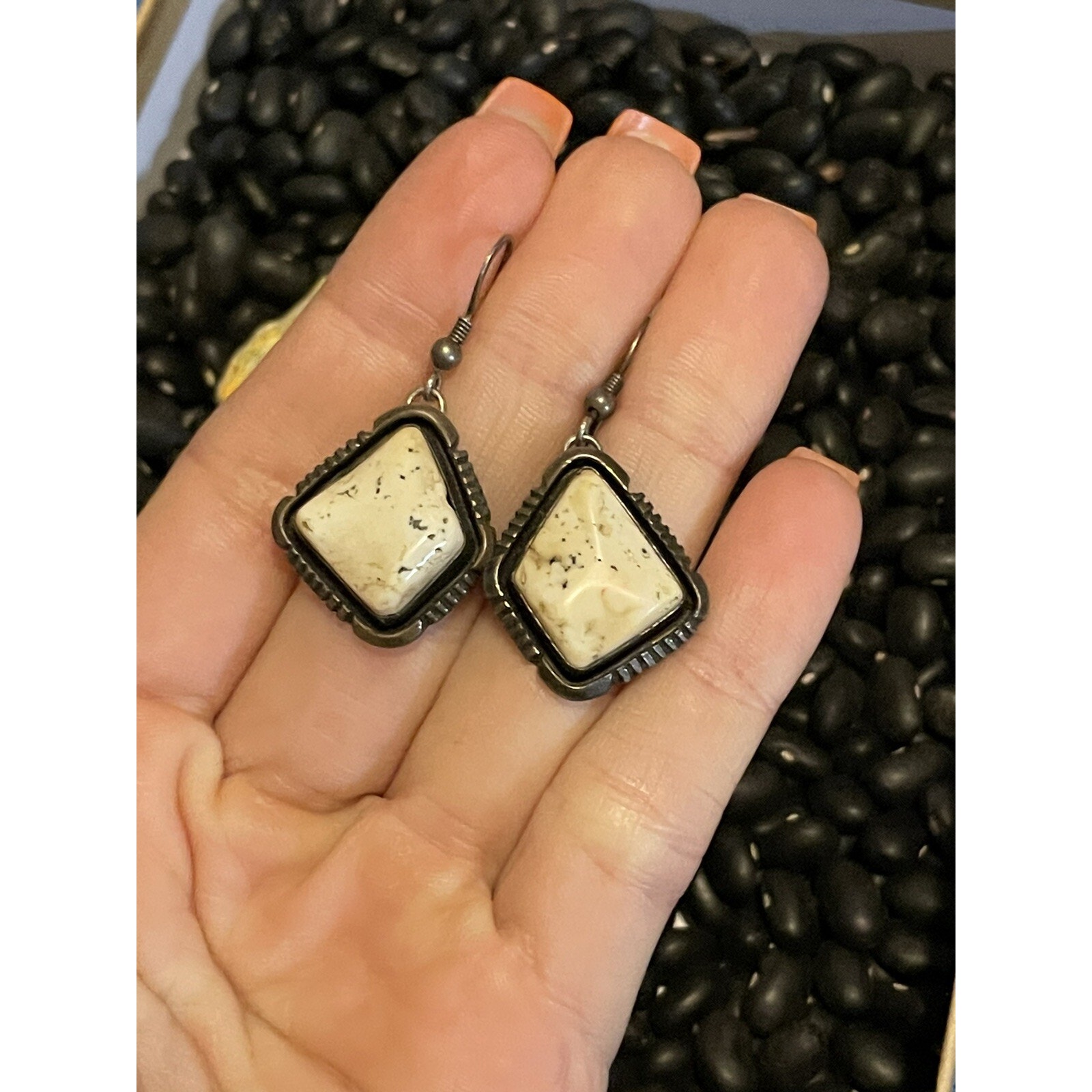Native American White Buffalo Sterling Silver Concho Drop Dangle Earrings 925